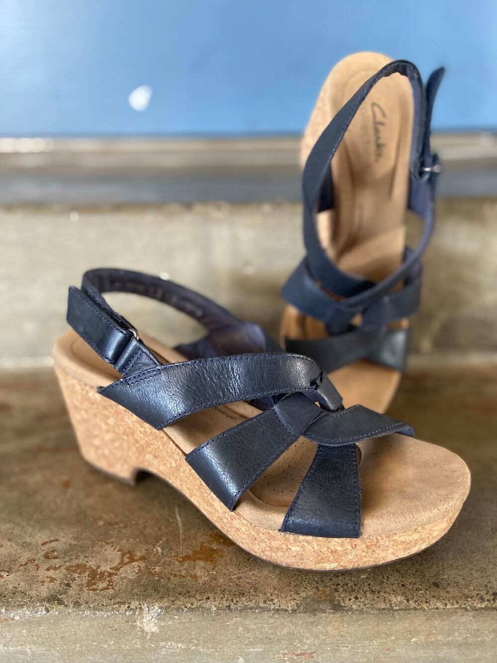 Clark’s Giselle Beach navy cork wrapped wedge sandals with adjustable
